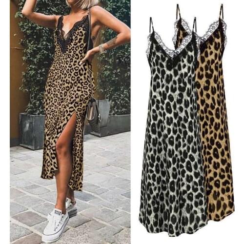 Donsignet Dresses Women Summer Casual Fashion Sexy Leopard Print Split Ends Lace Sleeveless Mid-Calf A-Line