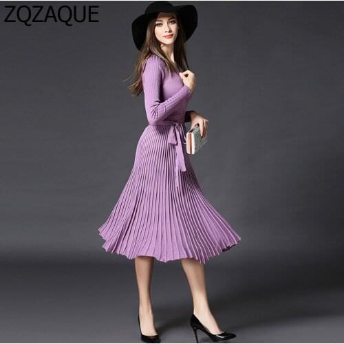Factory Outlet Womens Knit Dress 2019 Spring All-match Pleated Dress Sexy V-neck Knee-length One-piece Dress With Sashes SY1944