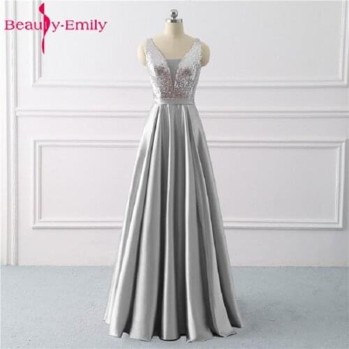 Beauty Emily Sequined A Line Gray Evening Dresses 2021 Long V Neck Formal Evening Gowns Party Prom Formal Party Dresses
