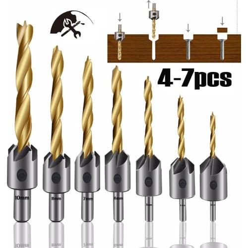 3-10mm 4/7PCS Round Shank Titanium Coating HSS Countersink Drill Bit Carpentry Chamfer Boring Woodworking Tool With Hex L-wrench