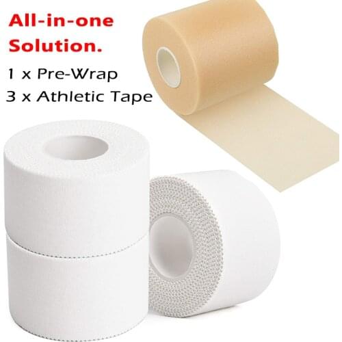 4 Pack White Athletic Tape + Pre-Wrap (3+1) Foam Underwrap Ankle Climbing Boxing Sports Tape for Ankles Wrists Hands and Knees