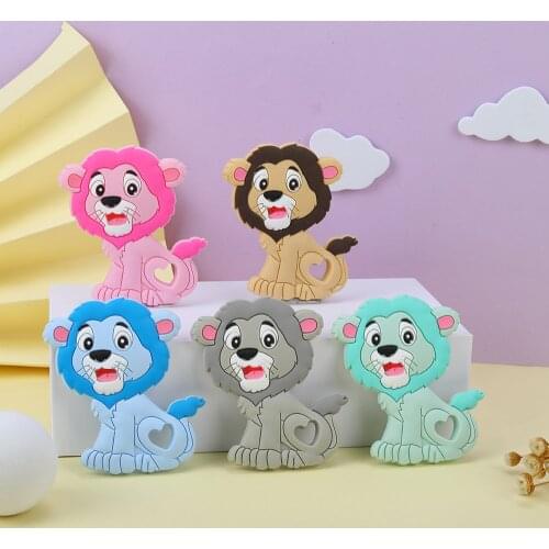 Sunrony 5pc Lion Silicone Teether Cartoon Animals Food Grade Safety Pendants DIY Pacifier Chain Accessories Baby Molar Toys