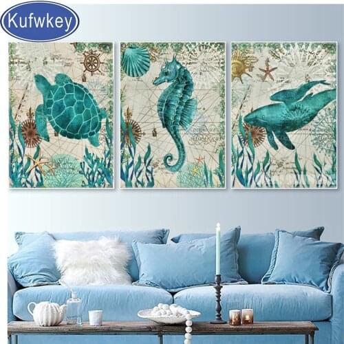 3 PCS Sea Life diamond painting Sea Animal,diamond mosaic Turtle Seahorse Whale,Triptych diamond embroidery,Full square round