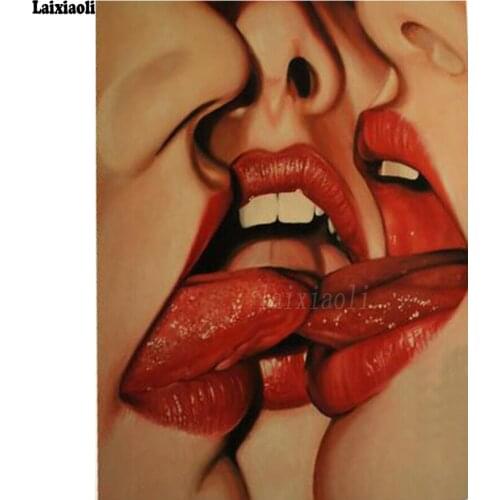 Diamond Painting Decoration Home Cross Stitch Full Square Drill Embroidery DIY Mosaic Three red lip lesbian girl touching kiss