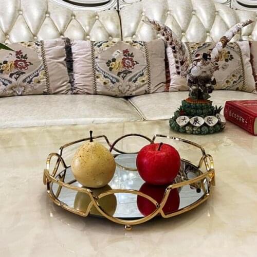 Noble Mirrored Tray Round Metal Frame Fruit Serving Tray Plate Ornate Cosmetic Makeup Organizer Holder Bathroom Candle Holder