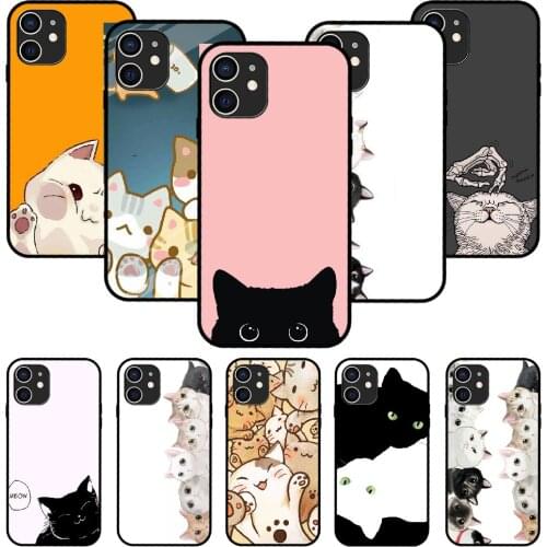 For iPhone 11 12 8 Plus Mini Pro X XR XS Max 4 5 7 6 6S 8 SE Phone Case Black Cover Waterproof Trend Hoesjes Funny Cute cat