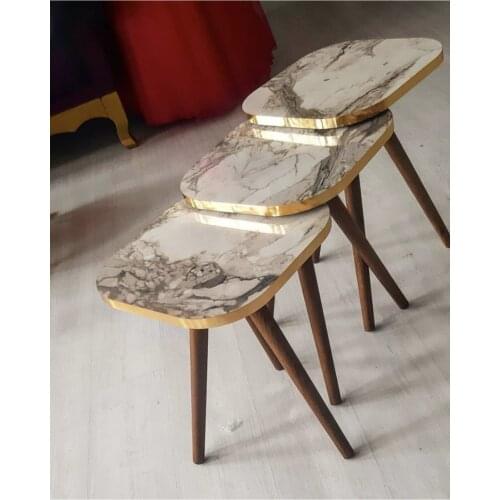 Wood Legs Cream Marble Patterned Gold Banded Square Model Wood 3'lü Zigon Coffee Table