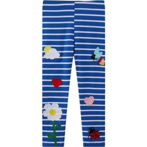 Jumping Meters Fashion Girls Skinny Pants Hot Selling Leggings Kids Blue Stripe Bee Flowers Embroidered Girls Skinny Pants