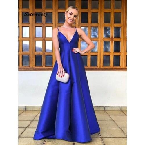 Royal Blue Satin Spaghetti Strap Evening Dress Long 2020 Backless A-line Robe De Soiree V-Neck Formal Party Gowns