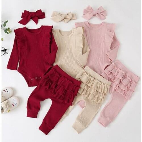 Toddler Baby Girls Clothes Set Long Sleeve Ruffles Romper Bodysuit+ Pants Leggings +Headband Infant Ribbed Knitted Outfits