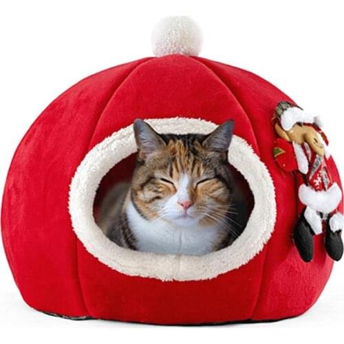 Pet Cat House Bed Indoor Kitten Mat Warm Small For Cats Dogs Nest Collapsible Cat Cave Cute Sleeping Mats For Winter Christmas