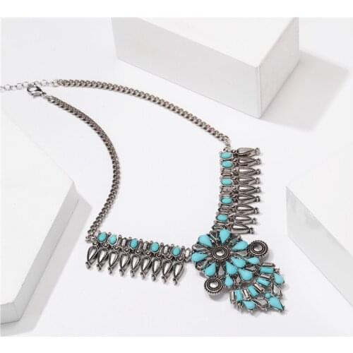 Ethnic Boho Gypsy Flower Alloy Necklace For Women Vintage Turquoises Stone Beads Geometric Necklace Lucky Jewelry