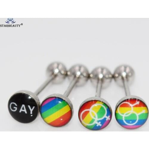 Hot 4 pcs/lot Rainbow Tongue Ring Barbell G A Y Stainless Steel Jewelry Industrial Piercing Tongue Piercing Nipple Rings Body