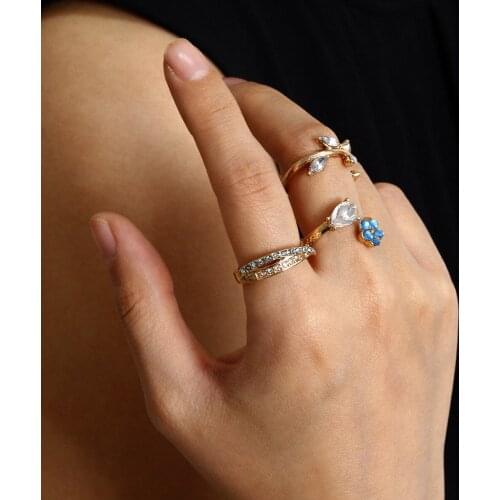 3pcs Set Blue Stone Flower Simple Design Round Gold Color Rings For Women Handmade Geometry Finger Ring Set Female Jewelry Gifts