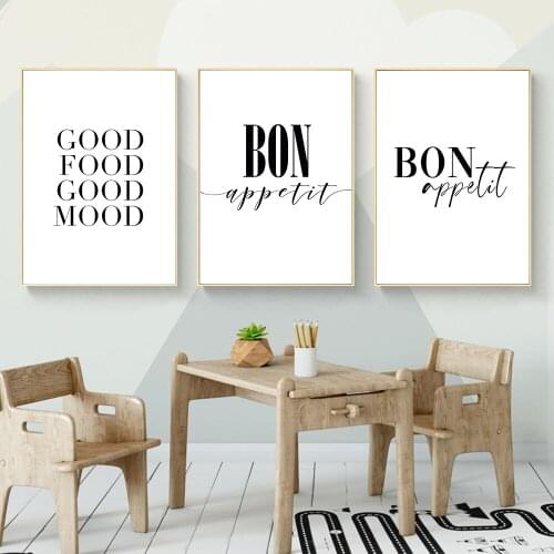 Minimalist Good Food Good Mood Bon Appetit Quotes Canvas Painting Room Decor Pictures Black White Wall Art Poster Print Kitchen
