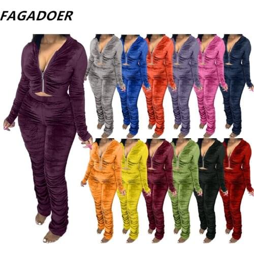 FAGADOER Fashion Velvet Two Piece Outfits Zip Hoodie Coat And Ruched Pants Bodycon 2 Piece Set Autumn Winter Tracksuit Women