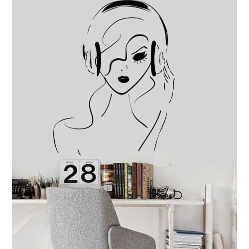 New Arrival Vinyl Wall Decal Teen Girl Woman Musical Art Headphones Music Stickers Home Decor Bedroom adesivo de parede ZB567