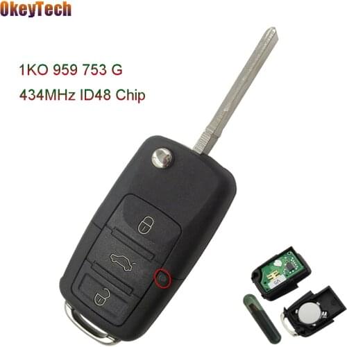 OkeyTech 3 Buttons 434MHz Remote Control Flip Folding Car Key Fob Blank Blade With ID48 Chip For VW Skoda Seat 1KO 959 753 G Key
