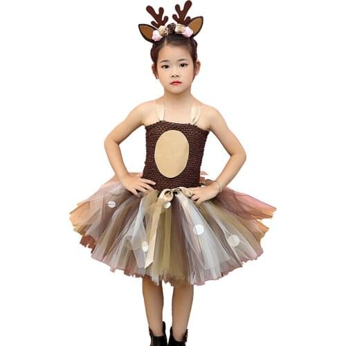 Brown Deer Tutu Dress Halloween Costume for Girls Kids Birthday Party Dress Children Cosplay Animal Sika Deer Dress Up Clothes