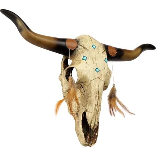 Resin antique long horn cow bone feather animal 3D animal wall hanging statue ornaments Home holiday decoration artware