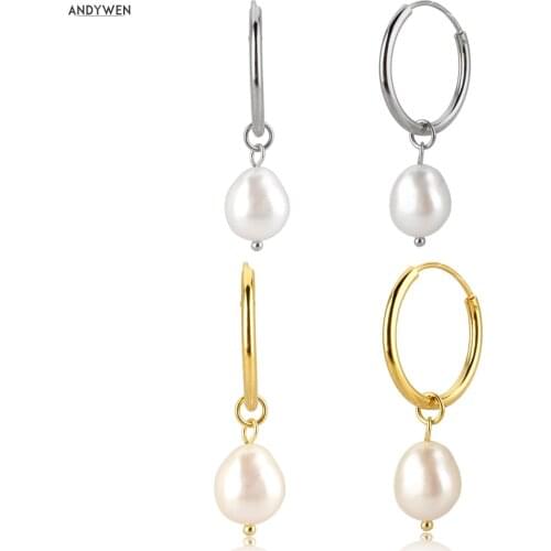 ANDYWEN 925 Sterling Silver Gold Big Circle Drop Earring Pearl Irregular Natural Women Piercing Fashion Party Simple Earring
