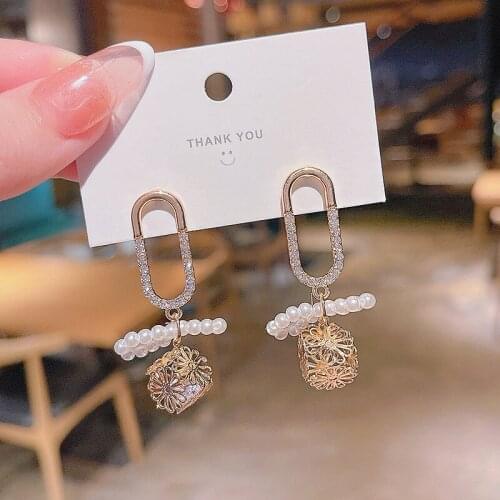 Korean Delicate Rhinestone Pearl Drop Earrings For Women Girls Fashion Geometric Rhombus Flower Dangle Earrings Jewelry