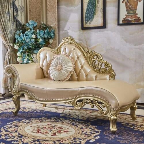 Solid Wood Leather Chaise Longue European Style Chaise Longue Beauty Chair Bedroom Sofa Chair Champagne Chaise