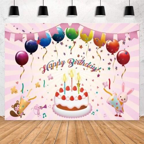 Happy Birthday Party Decoration Banner Birthday Party Supplies Colorful Balloon Cake Candle Pink Background Decoration for Girls