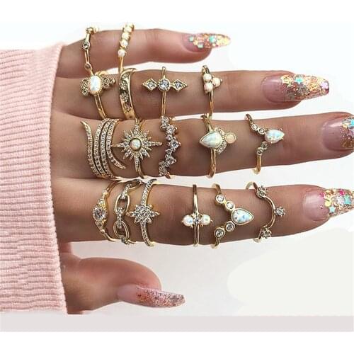 Boho Vintage Flowers Knuckle Rings For Women Gem Crystal Geometric Female Finger Rings Set Women Wedding Anniversary Gift
