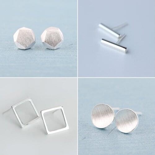 Vintage Simple Concave Round Stud Earrings for Women Brincos Retro Silver Color Geometric Bar Square Earings Female Jewelry Gift