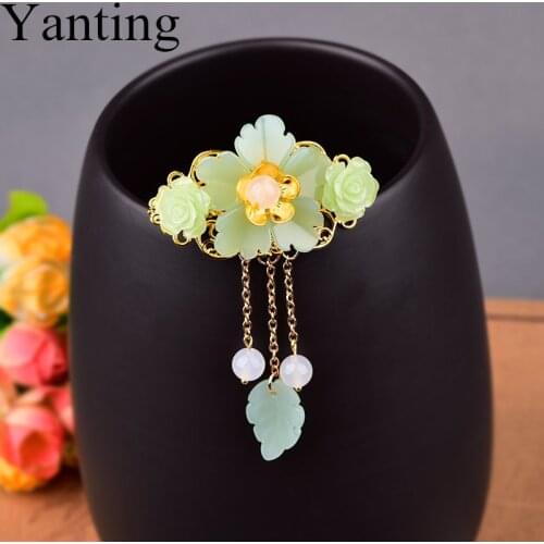 Yanting Hair Clip Pin Glass Glazed Flower Leaf Natural Stones Hair Clips Accessories Wedding Headwear Ethnic Barrettes 0161