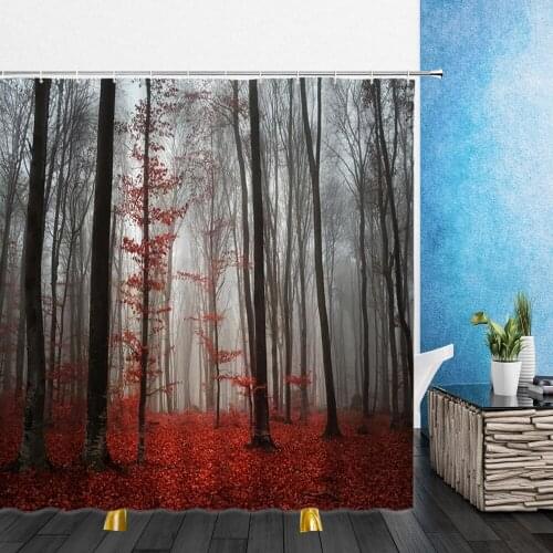 Autumn Forest Landscape Shower Curtains Summer Trees Red Leaves Autumn Scenery Bathroom Decor Waterproof Polyester Cloth Curtain