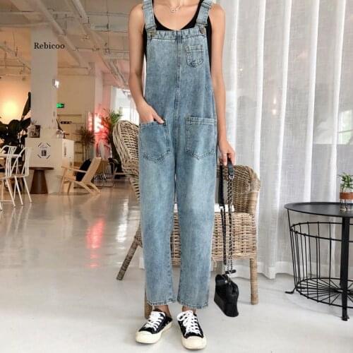 Women Oversized Denim Jumpsuit Autumn Jeans Overalls Plus Size Bib Solid Pockets Rompers Vintage Dungarees Blue Basic Jean Pants