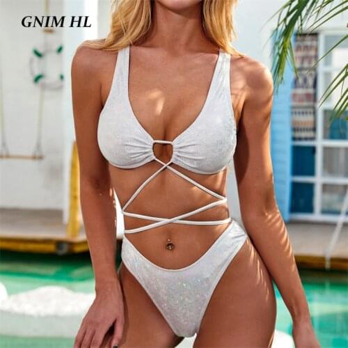 GNIM PU Leather Bikini Swimwear Women 2020 Summer Sexy Bandage Swimsuit Female Two Pieces Solid Swim Bathing Suit Biquini Set