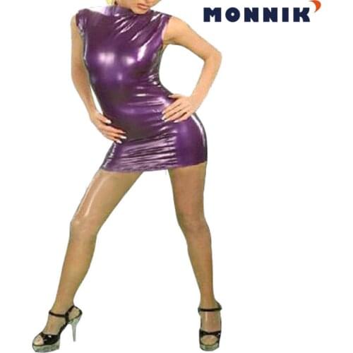 MONNIK latexSexy Latex Dress Purple Rubber Dresses Women Front Zipper Gummi 0.4mm Club Wear