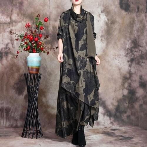 Autumn Womens Original Retro Printing Loose Large Pile Collar Irregular Dress Temperament Show Thin Long Skirt Vestido Vfemage