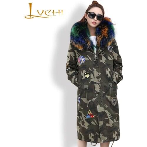 LVCHI Winter Warm Womens Camouflage long Coats Real fur Fox fur jacket with big fur collar Parker fox Wool Liner Rivet Jacket