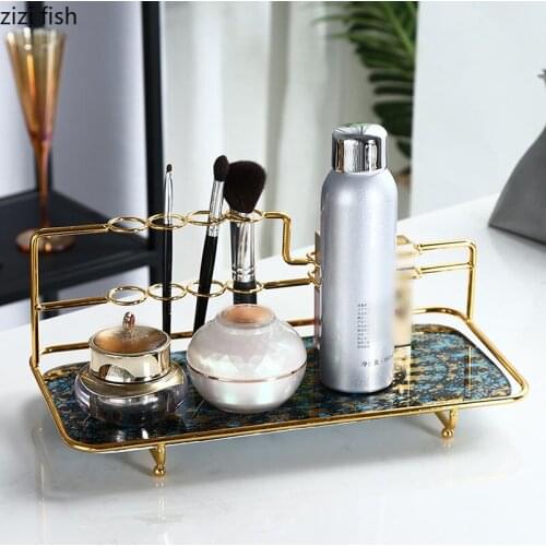 Golden Metal Frame Storage Tray Toothbrush Toothpaste Bathroom Shelf Glass Mug Drain Rack Dressing Table Ceramic/glass Trays