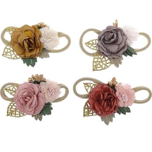 12 Pcs/Lot Chiffon Flower Headband Lace Artificial Fabric Elastic Nylon Hair Band For Baby Girls Newborn Gift Hair Accessories