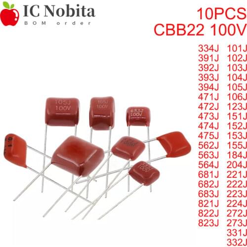 10PCS CBB22 Metallized Polypropylene Film Capacitor 100V 101J~823J 102J 103J 104J 152J 221J 332J 334J 472J 474J 475J 564J 684J