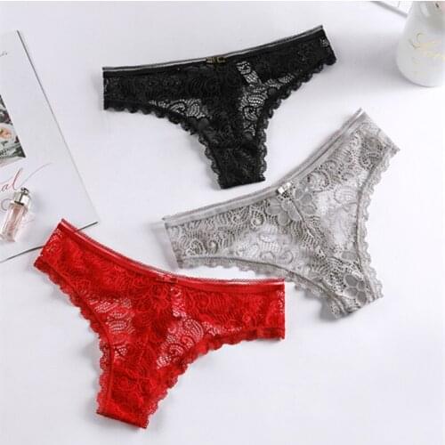 3Pcs Europe And The United States Sexy Lace Thong Ice Silk Sexy Hollow Tempation Hot See-through Low-waist T-pants Underwear