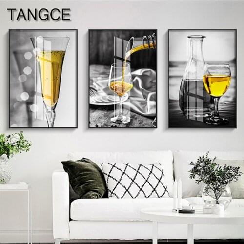 Abstract Black and Yellow Canvas Painting Modern Champagne Goblet Poster and Print for Restaurant HD Industrial Wall Art Picture