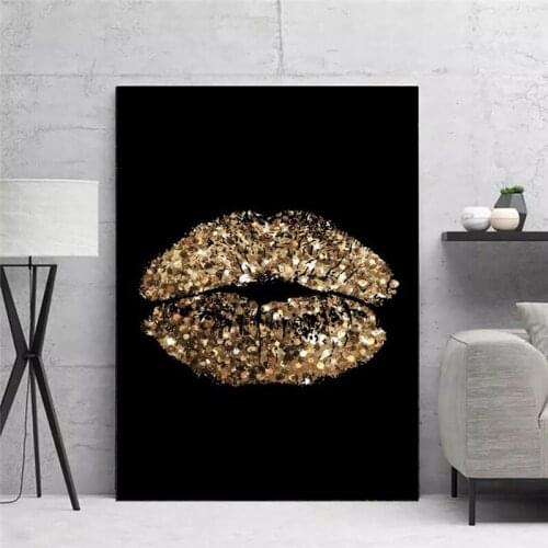 Abstract Golden Sexy Lips Canvas Art Posters And Prints Black Woman Canvas Paintings on the Wall Art Pictures Home Wall Decor