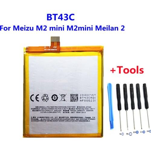 100% Top quality BT43C Battery For Meizu M2 mini Meilan 2 M2mini Mobile Phone Replacement Battery 2500mAh