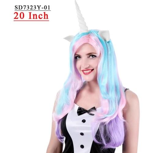 Free Beauty 20'' Long Wavy Rainbow Synthetic Unicorn Pony Cosplay Wigs Side Bangs Horn Ears for Kids Teen Adult Party Birthday