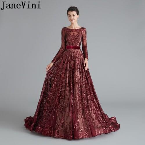 JaneVini Dubai Wine Red Long Evening Dresses 2019 Muslim Long Sleeves Burgundy Sequin Gown Sweep Train Arabic Party Formal Dress