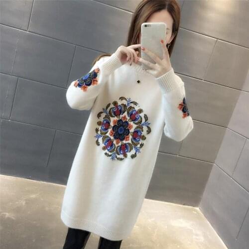 Long Sweater Women Knitted Embroidered Vintage Sweater Pullover Knitwear Ladies Casual Long sleeve