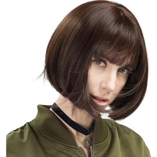 Short Bob Wig With Bangs for Women Girls 12 Inch Synthetic Bob Wigs Heat Resistant Black Gray Brown Wig for Party Daily Use