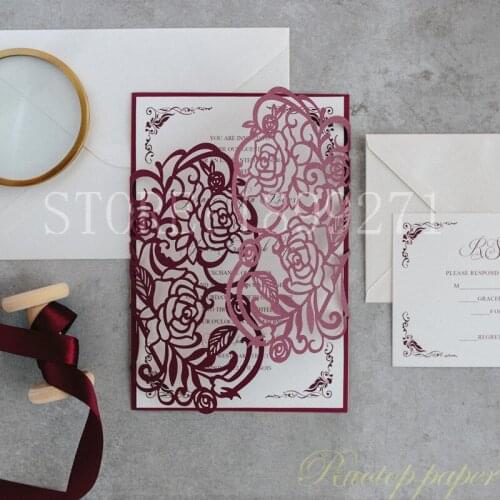 Square Laser Cut Flower with Bowknot Lace Pocket Engagement Wedding Invitations Card