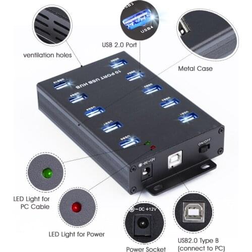 Ladagogo 10-Port ORICO USB Hub with Smart Charging Ports Built-In Surge Protector with ON/OFF Switch & LED Indicators Read
